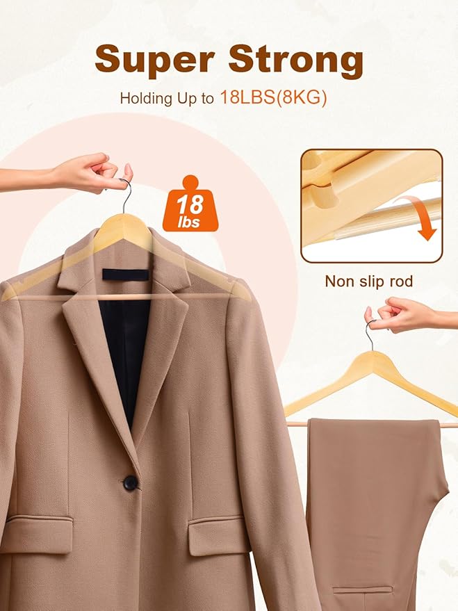 HOUSE DAY Bulk Wooden Hangers 80 Pack, Solid Wood Hanger with Non Slip Pant Bar, Heavy Duty Wooden Coat Hanger for Closet, Smooth Finish Wood Clothes Hangers for Shirts, Suits Jackets, Dress, Natural