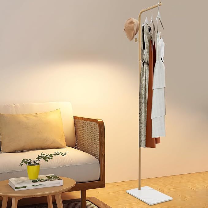 67in-Gold Clothing Rack with Storage Base and Hooks, Freestanding Coat Rack Hanging Clothes, Bags, Hat and Shoes for Entryway Bedroom Garment Organizer Clothing Stores Boutique Retail