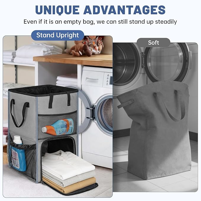 95L Laundry Backpack Bag with 3 Sizes Mesh Wash Bags Empty, Extra Large 2 in 1 Laundry Hamper Basket with Shoulder Straps, Freestanding Laundry Bag for College Dorm, Laundromat, Apartment (Grey)