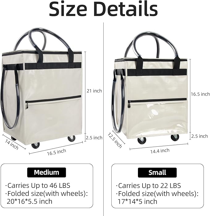 Reusable Grocery Bag on Wheels,(Small, Beige) Rolling Shopping Bags with Wheels and Handle, Folding Rolling Tote Trolley, 3 Pockets and Zipper Cover, Carries Up to 22 LBS