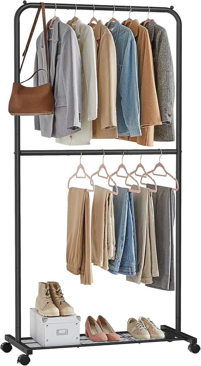 SONGMICS Clothes Rack with Wheels, Double-Rod Clothing Rack for Hanging Clothes, 25.4mm Metal Garment Rack with Dense Mesh Storage Shelf, 110 lb Load Capacity, 2 Brakes, Black UHSR027B01