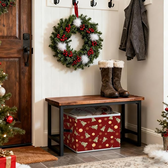 Christmas Tree Storage Bins, Red Christmas Bauble Winter Snowflakes Holiday Foldable Closet Organizers Storage Basket Toybox for Clothes Bed Sheets Blankets Toys