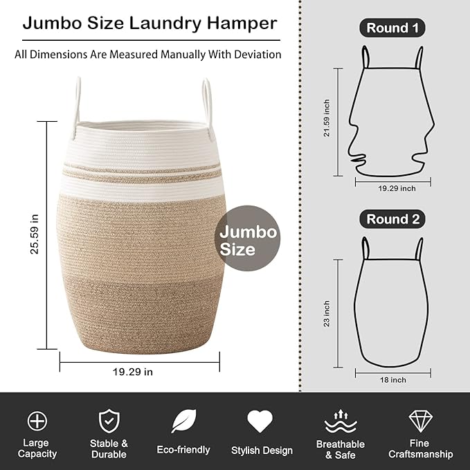 OIAHOMY Laundry Hamper Woven Rope Large Clothes Hamper 25.6" Height Tall Laundry Basket with Extended Handles for Storage Clothes Toys in Bedroom, Bathroom, Foldable (Gradient Yellow)