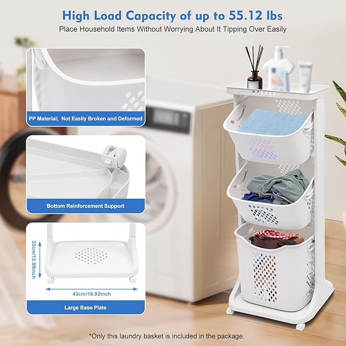 MOCHAG 3 Layers Laundry Hamper Basket with Wheels, Removable Clothes Washing Storage Hamper Rolling Cart with Handle, Freestanding Laundry Basket Organizer for Bathroom Living Room Bedroom