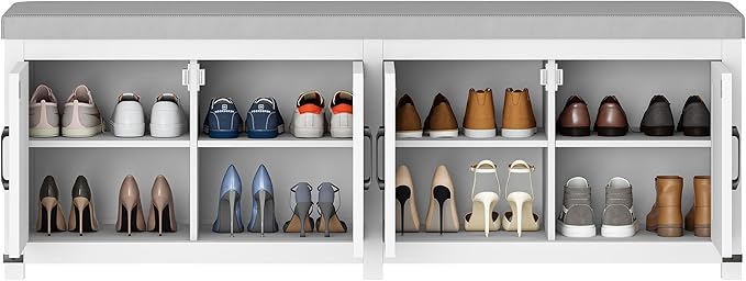 Shoe Storage Bench, 2 Tier Shoe Bench with Padded Seat Cushion & 4 Barn Doors, 59" Entryway Bench with Adjustable Shelf, Farmhouse Shoe Cabinet for Living Room, Bedroom, White SB31503GY