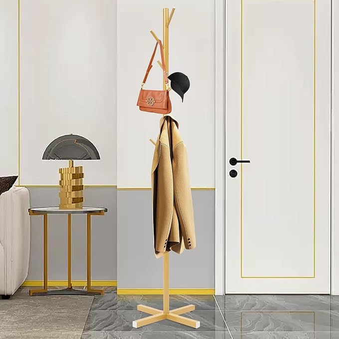 TFCFL Gold Metal Coat Rack Stand with 7 Hooks, Freestanding for Coats, Clothes, Hats, Shoes, Umbrella, Purse - 20 in 1