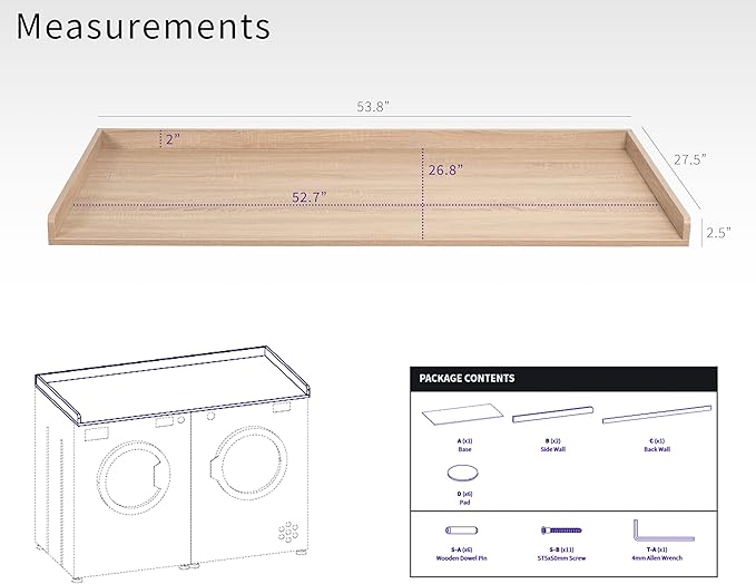 Life Finds 54 inch Washer Dryer Countertop with Safety Ledge for Laundry Room Organization, Light Wood, LF-WDCT1C