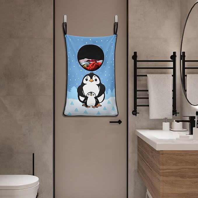 ZFRXIGN Penguin Hanging Laundry Hamper Cute Animal Laundry Baskets Dirty Hamper for Clothes Organizers Washable Hampers Room Decor Toys Storage Bin Bedroom Hamper Bag Blue