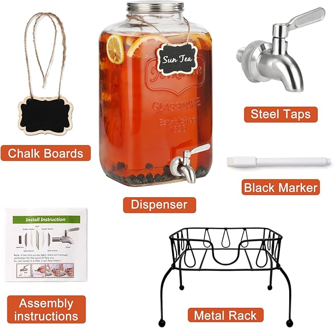 2 Gallon Glass Drink Dispenser with Stand, Stainless Steel Leakproof Spigot and Lid, Glass Drink Dispensers for Parties, Water Beverage Dispenser