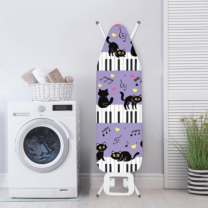 SEANATIVE Black Cat Ironing Board Cover Standard Size Piano Key Print Iron Pad Covers with Elastic Edges Cute Ironing Board Sleeve