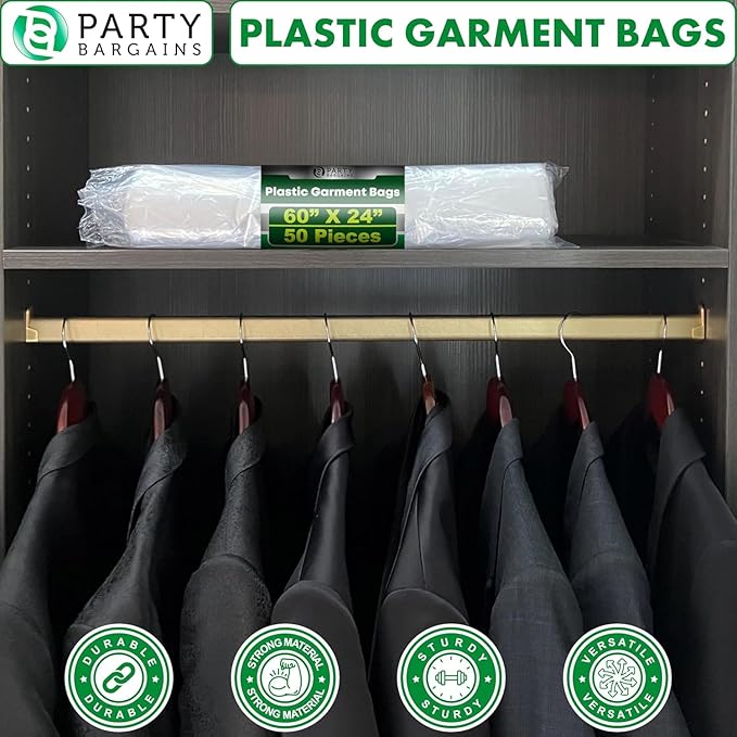 PARTY BARGAINS 60 x 24 Inch Disposable Clear Garment Bags, 100 Pack – Heavy-Duty Plastic Clothes Covers for Suits Dresses Coats, Closet & Travel