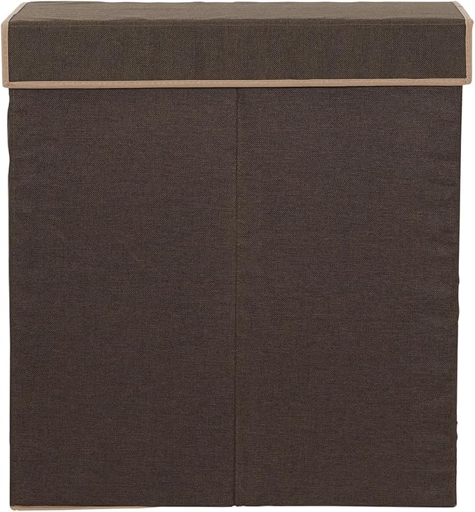 Household Essentials Double Laundry Hamper with Lid, Two Compartments for Easy Sorting with Removable Liner, Collapsible, Brown Linen 5614