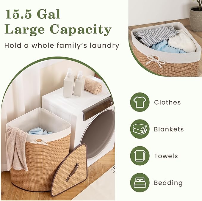 GOFLAME Corner Bamboo Laundry Hamper with Lid and Removable Liner, Washing Clothes Basket Storage Bin with Handle, Suitable for Bedroom, Bathroom, Laundry, Bamboo