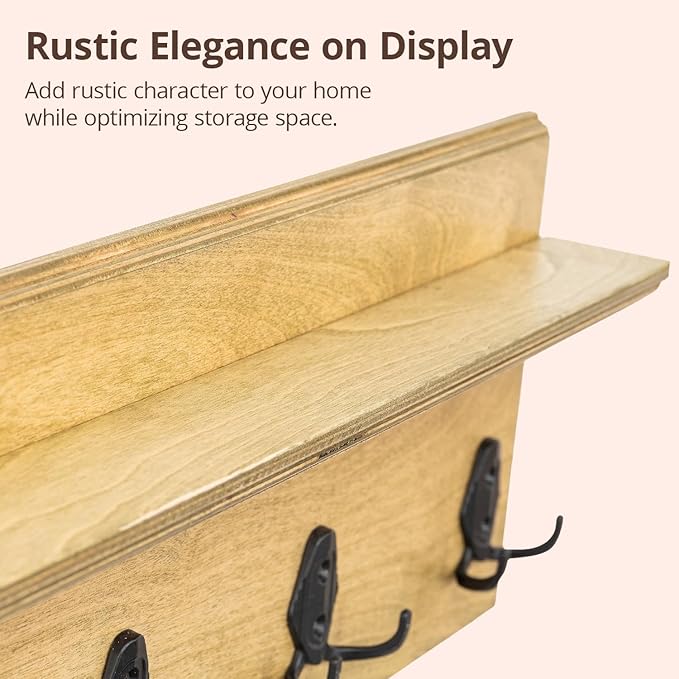 Rustic Wall Mounted Coat Rack with Shelf Wooden Entryway Organizer with 5 Metal Hooks for Coats Hats Towels Keys Floating Storage Shelf for Bathroom Bedroom (Jade, 20 inch (4 Hooks))