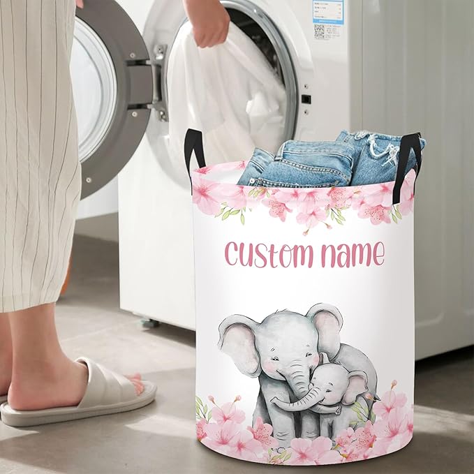 Custom Name Elephant Laundry Baskets for Baby Girls Boys, Personalized Name Laundry Basket for Kids Adults, Personalized Gift Pink Laundry Hamper with Handles, Customize Storage Basket