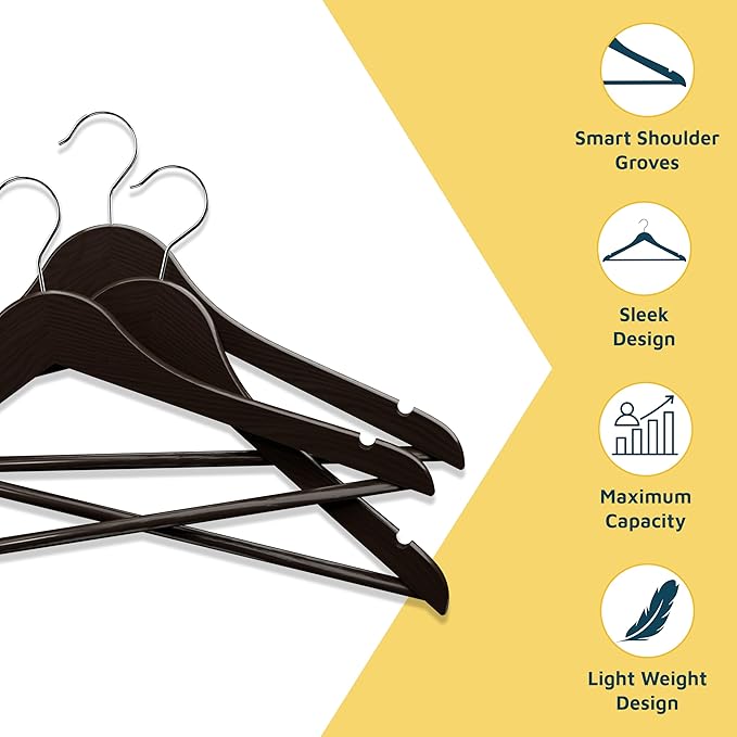 Lifemaster Wooden Clothes Hangers – with 360 Degree Swivel Hook and Non-Slip Shoulder Notch, Holds Up to 10 lbs, Pants Bar Design, for Organizing Suit, Dress, Coat, and Clothes, Pack of 20, Brown