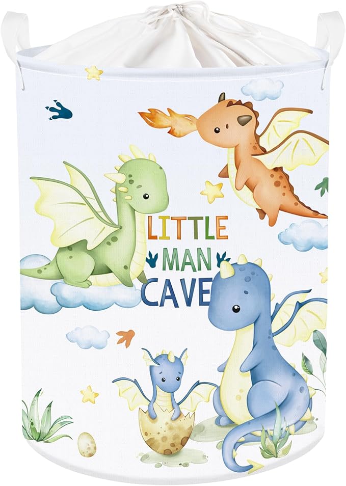 Clastyle Blue Dragon Kid Laundry Hamper with Lid Flying Dino Collapsible Laundry Basket with Handles Star Cloud Clothes Towel Toy Storage Basket for Boy Girl Nursery