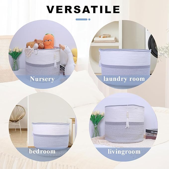 Large Woven Rope Laundry Hamper, Cotton Rope Storage Basket with Handles, Multipurpose Storage Basket for Laundry, Toys, Blankets in Bedroom, Bathroom, Living Room - Stylish & Durable (Gray, 100L)