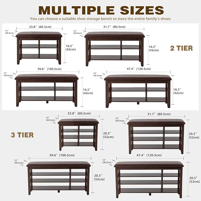 PY HOME & SPORTS Shoe Rack for Entryway 23.6": 2-Tier Shoe Storage Bench, Adjustable/Removable Shelves, Rubberwood Shoe Benches for Hallway, Porch, Bathroom, Brown