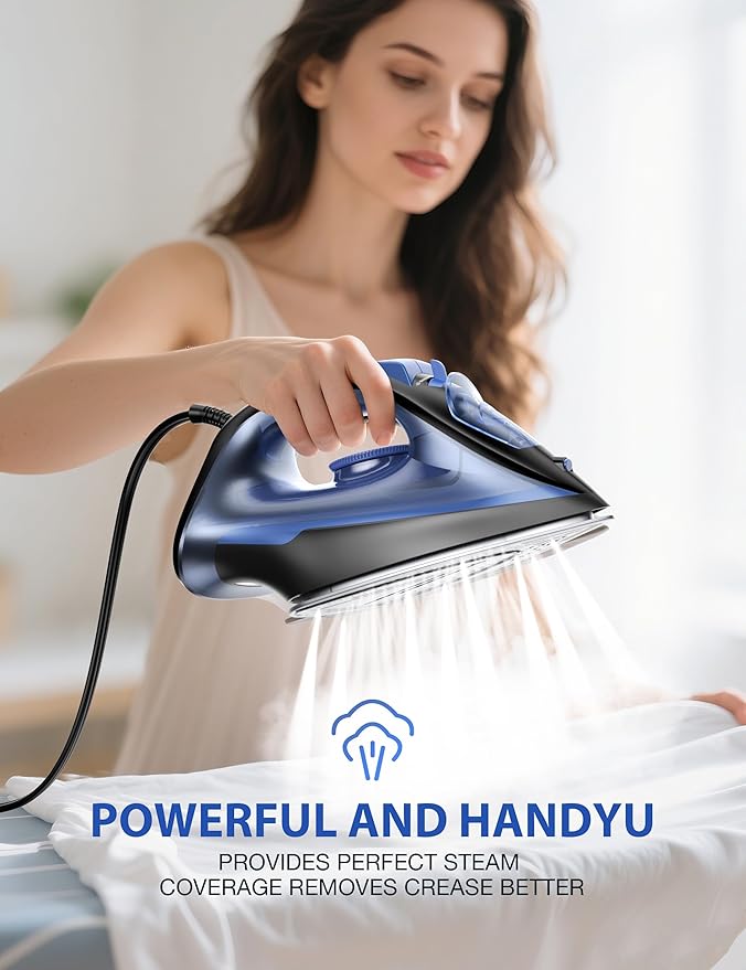 Steam Iron for Clothes 12s Fast Heat-up, 1500W Iron with 13.21oz Water Tank, 3-Way Auto shutoff, Burst Steam, Spray Mist, Anti-Drip, Self-Cleaning, Vertical Ironing for Home 20260108A