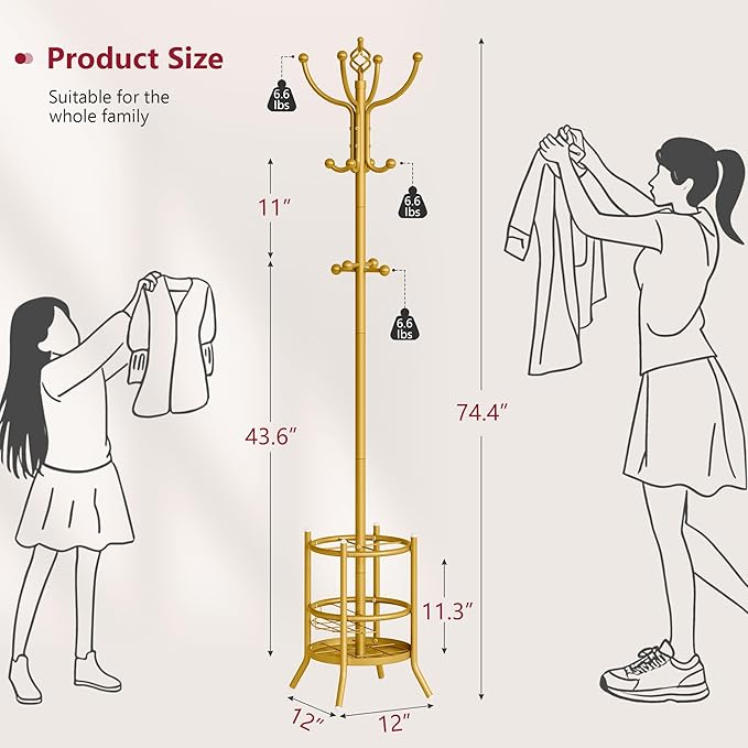 Tajsoon Coat Tree with Umbrella Holder, Coat Rack Freestanding, Coat Hangers Stand with 16 Hooks, Standing Coat Rack for Living Room, Bedroom, Office, Gold