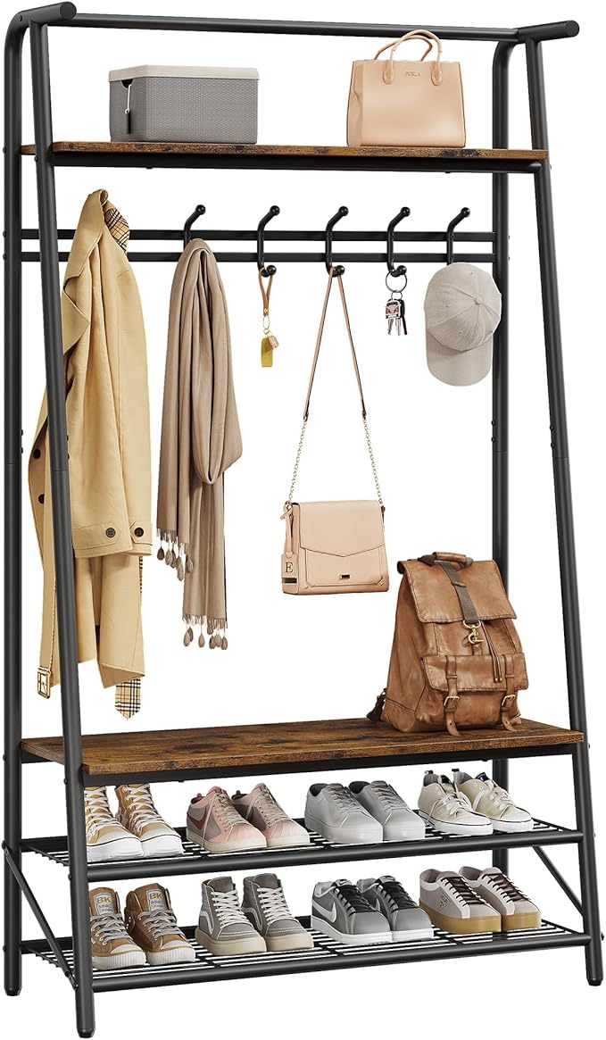 Coat Rack Shoe Bench with Single-Row 6 Hooks 100cm Width, 3-Tier Shelf Entryway Hall Tree with Storage, Metal Frame Multifunctional Organizer, 4-in-1 Coat Rack for Bathroom, Hallway.Brown.