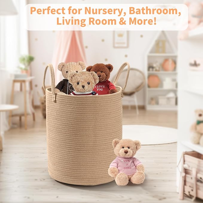 2-Pack Extra Large Cotton Rope Hamper Baskets – 15"x18" Oversized Woven Storage Bins for Blankets, Toys, Dirty Clothes – Pink & Beige Decorative Hamper for Nursery, Living Room, Laundry Room