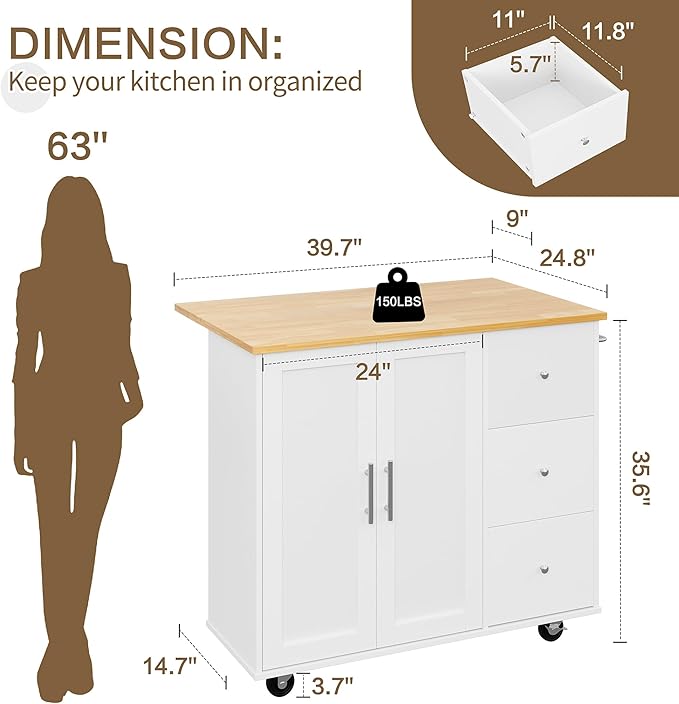 SUNLEI Kitchen Island with Storage Cabinet & Foldable Drop Leaf, Buffet Sideboard Cabinet, Cart Handle for Towel Rack, Drop Leaf, Portable Islands for Kitchen (Stylish White, 39.7-INCH)