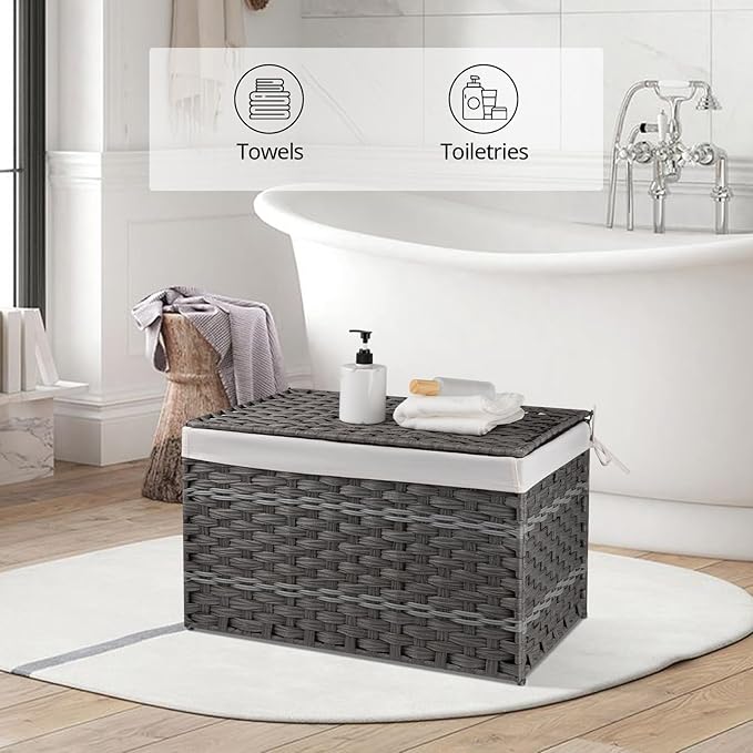 OIAHOMY Storage Basket with Lid, 27.7 Gallon (105L) Blanket Basket with Removable Liner Bag, Synthetic Wicker Hamper with Handle, Hamper for Living Room, Grey
