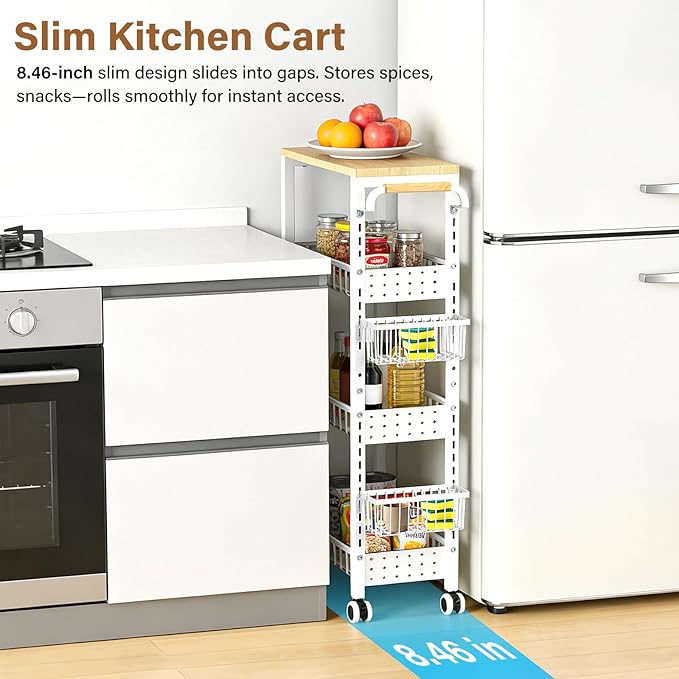 7.8 Inch Ultra-Slim 4-Tier Rolling Storage Cart with Adjustable Shelves - Lockable Wheels & Wooden Top for Narrow Spaces Between Washer/Dryer, Bathroom, Kitchen Organization (White)