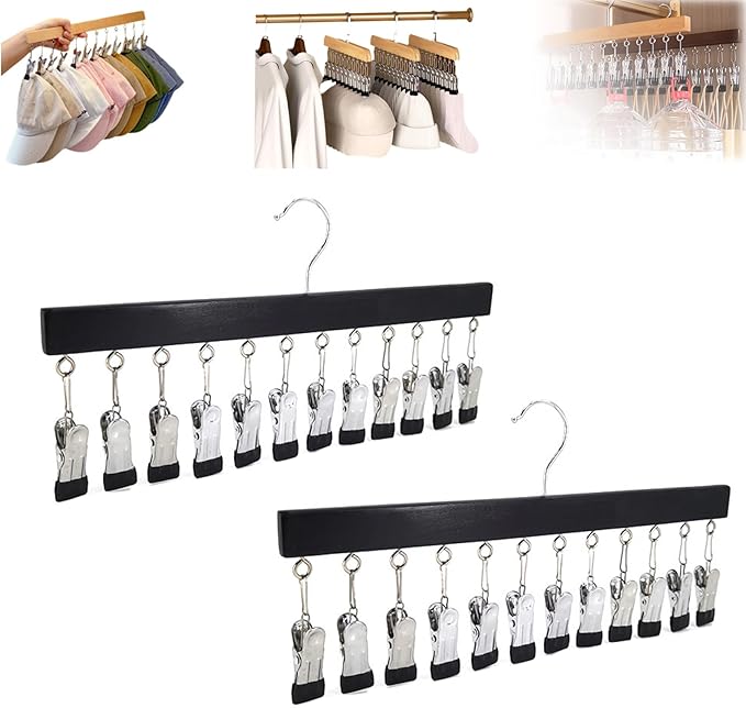 Closet Organizer with 10 Clips, Space Saving Hanging Closet Organizer, Space-Saving Hat Scarf Clothespins for Jeans Skirts Socks Pant Hangers with Clips (Black-12 Clips, 2PCS)