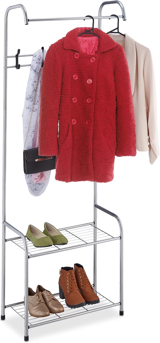 Relaxdays Coat Rack Shelves, 4 Pairs of Shoes, 4 Hooks, 1 Clothes Rail, for Hallway HWD: 173 x 60 x 31cm, Grey, 100% Steel