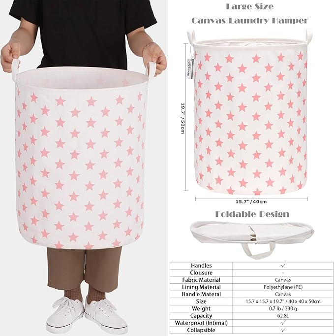 Sea Team 19.7 Inches Large Sized Waterproof Coating Ramie Cotton Fabric Folding Laundry Hamper Bucket Cylindric Burlap Canvas Storage Basket with Stylish Stars Design (19.7", Pink Star)