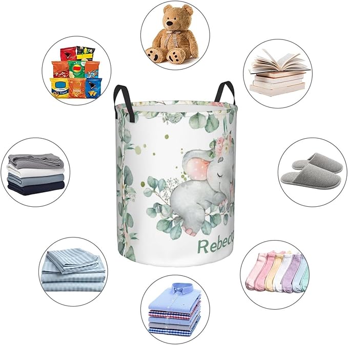 Pink Floral Elephant Personalized Laundry Basket Name Clothes Hamper with Handles Waterproof Laundry Storage Baskets for Bedroom Bathroom Decor.