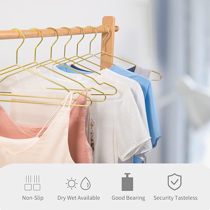 Nature Smile 17 Inch Heavy Duty Shiny Gold Metal Clothes Hanger With Big Notches - Coat, Suit, Dress - Pack of 20