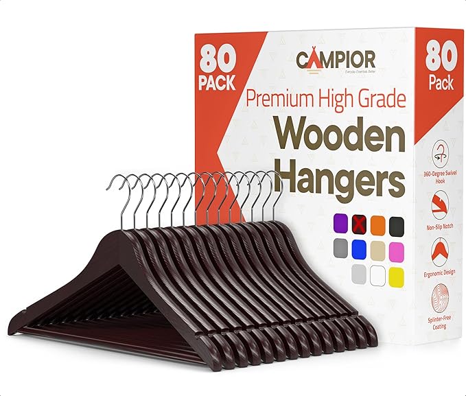 Cherry Wooden Hangers 80 Pack – Heavy-Duty with 360° Swivel Hook, Non-Slip, Pants Bar & Shoulder Grooves - Wooden Hangers for Suits, Jackets, Dresses & Camisoles, Space-Saving and Smooth Finish