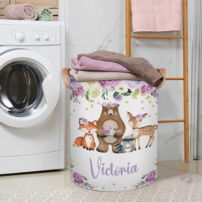Personalized Laundry Basket, Custom Gift Laundry Hamper, Collapsible Nursery Waterproof Laundry Baskets, Dirty Clothes Toy Hamper with Handles Purple Floral Animals Cute