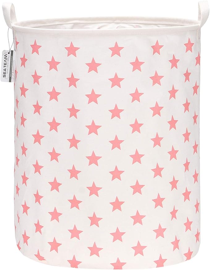 Sea Team 19.7 Inches Large Sized Waterproof Coating Ramie Cotton Fabric Folding Laundry Hamper Bucket Cylindric Burlap Canvas Storage Basket with Stylish Stars Design (19.7", Pink Star)