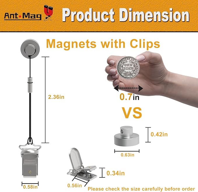 Ant Mag Magnets Clips for Hanging Metal Clips Biting Design with Strings Perfect for Gloves Towels Hats Organization, Magnetic Clip for Fridge Locker Grill Indoor Outdoor Use 6 Pack