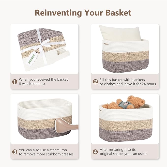 Cotton Rope Basket, Storage Baskets with Handle, 15x10x9 Inch Woven Basket for Shelves, Laundry, Towels, Clothes, Books (White/Beige 2Pack)