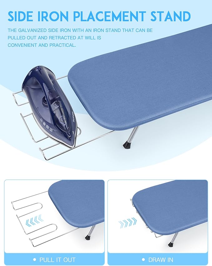 BiJun Small Ironing Board, Foldable Table Top Ompact Portable Mini Ironing Board w/Iron Rest, Set for Dorm Rooms, RVs, Travel Apartments Space-Saving and Easy to Store Blue