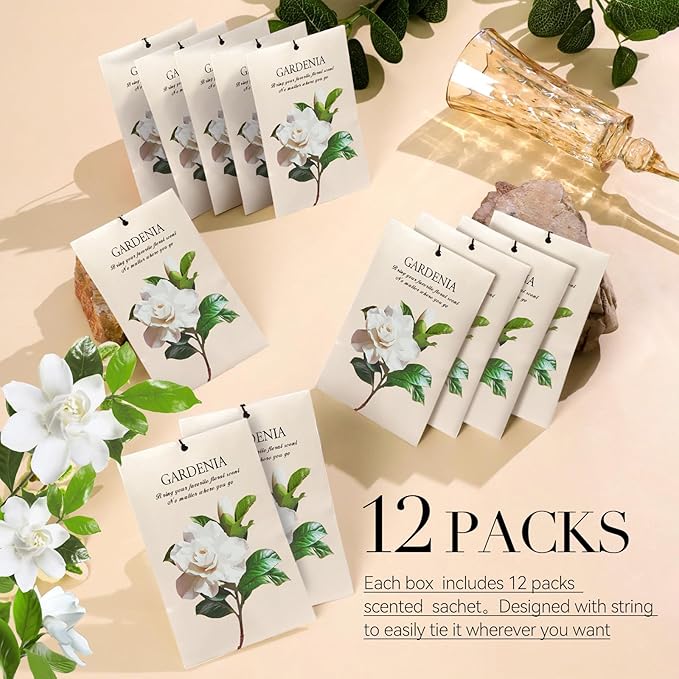 Gardenia Scented Sachet Bags - 12 Pack Closet & Drawer Freshener, Long Lasting Odor Eliminator for Wardrobes, Cars & Storage, Home Fragrance Air Freshener Sachets