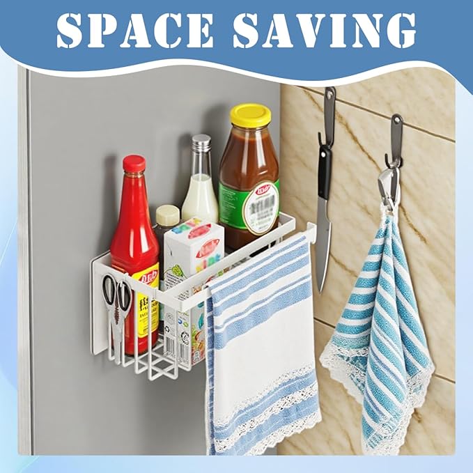 Magnetic Basket Storage Rack, White Multi-Functional Magnetic Rack, Magnetic Clothes Drying Ball Storage Rack, for Office Documents, Packaging Foil, Spices,Plastic Food Hook Boards
