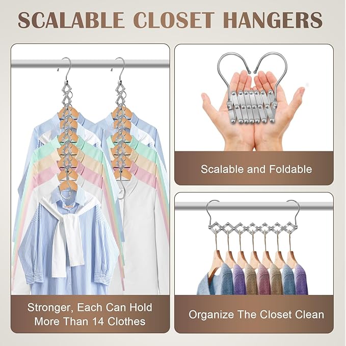 4 Pack Space Saving Hangers for More Than 28 Clothes, Extendable Standard Hangers for Closet, Foldable and Portable, Space Savers for Closet Organizers and Storage, Dorm Room Essentials