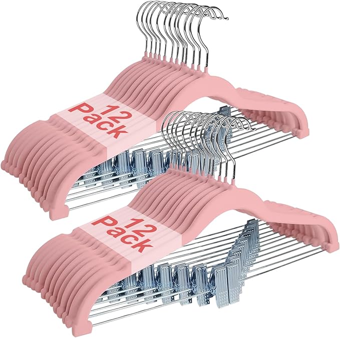 24 Packs Velvet Pant Hangers, 16.8 Inches Velvet Skirt Hangers with Clips, Heavy-Duty Clothes Hangers, Non-Slip Coat Hangers for Shirts, Pants, Skirts, Dresses, Jackets, Coat - Pink