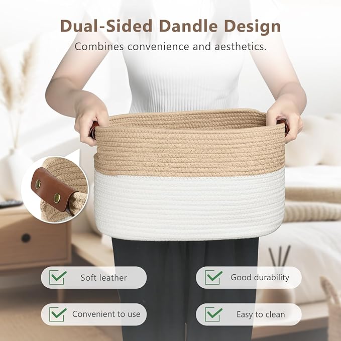 Cotton Rope Storage Baskets, 15x10x9 in, Rectangular, White/Beige-1Pack, Modern, Easy To Use, Foldable, Laundry, Storage, Decoration