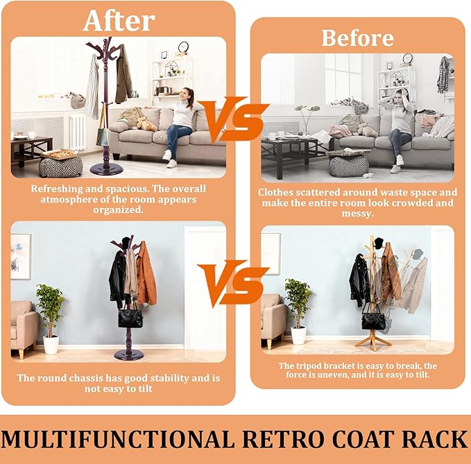 73”Vintage Wooden Coat Rack，With 14 Hooks and Sturdy Round Base.Sturdy and Durable Standing Coat Racks，Adjustable Wooden Freestanding Coat Rack for Porch，Bedrooms (Mahogany) (Flying Swallow, 1 PCS)