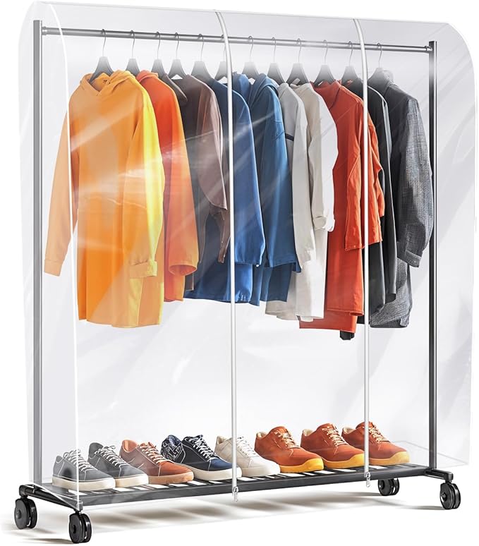 Clear Clothes Rack Cover 6Ft Garment Rack Cover Transparent Clothing Rack Cover With 2 Durable Zipper Waterproof Protector for Garment Rack (50"L x 20"W x 60"H, Rack Not Included)