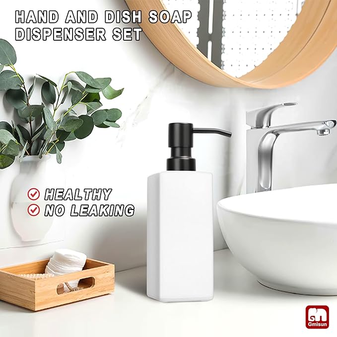 GMISUN White Soap Dispenser, Bathroom Hand Soap Dispenser, Glass Dispenser with Stainless Steel Pump, Kitchen Hand and Dish Soap Dispensers, 12 fl oz/350ml Liquid Refillable Soap and Lotion Bottle