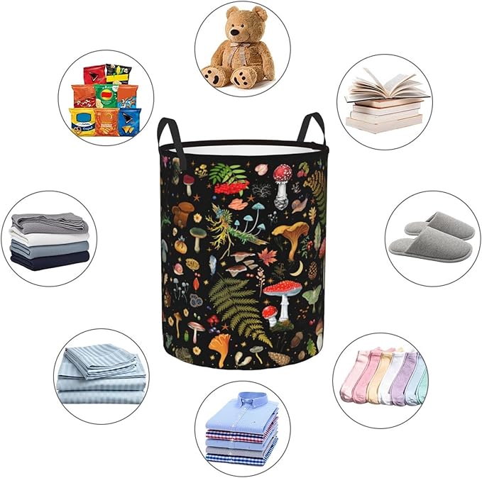Mushroom Laundry Basket, Mushroom Decor Laundry Bag with Handles-Collapsible Storage Bin Mushroom Decor for Bedroom, Nursery Hamper, Toy Storage, 13.4X16.5IN